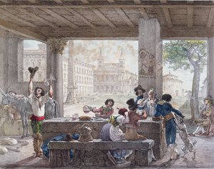 Auberge à Rome, gravée par François Alexandre Villain (1798-1884) vers 1820-30