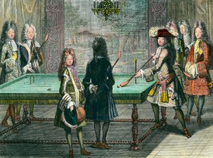 Divertissement royal à Versailles, le roi Louis XIV (1638-1715) jouant au billard avec Philippe Duc d