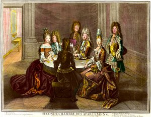 La cour jouant aux cartes dans la deuxième chambre des appartements de Louis XIV. Gravure par Antoine Trouvain (1656-1708)