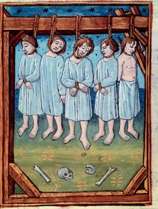 Cinq hommes pendus. Miniature dans les "chroniques de Saint Denis" Paris, Antoine Verard