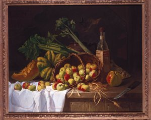 Nature morte avec une bouteille de vin, rhubarbe et un panier renversé de pommes sur une table - Antoine Vollon