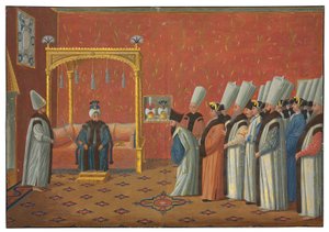 La présentation du comte de Vergennes, ambassadeur de Louis XV, au sultan Uthman III dans la salle du trône du palais de Topkapi le 3 juin 1755