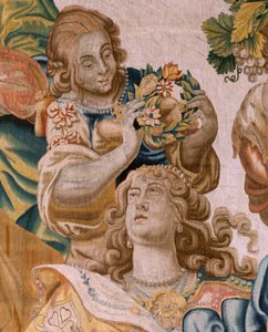 Tapisserie Flamande. Série Histoire de Thésée. Bacchus prend Ariane pour épouse. Neuvième tapisserie de la série. Modèle Anthonis Sallaert. Manufacture Jan Raes le Jeune, Bruxelles. Vers 1630. Tissu Soie et laine. Taille 392 x 45