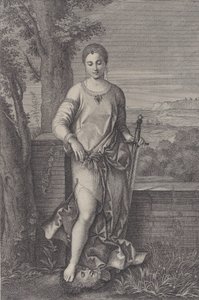Judith debout avec son pied sur la tête d