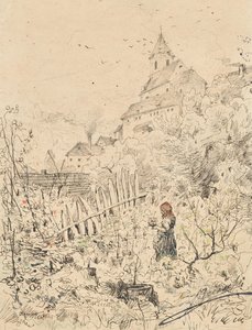 Paysanne dans un jardin, derrière l