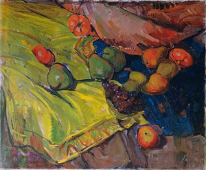 Nature morte avec fruits sur tissu vert