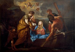 La fuite en Égypte La sainte famille embarque sur un bateau.
