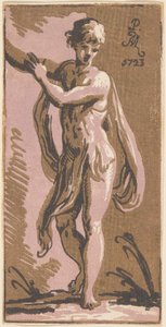 Un jeune homme debout faisant un geste vers sa droite - Anton Maria Zanetti I, after Parmigianino