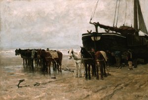 Dutch : Bomschuit avec chevaux de halage sur la plage de Scheveningen Bateau de pêche avec chevaux de halage sur la plage de Scheveningen - Anton Mauve