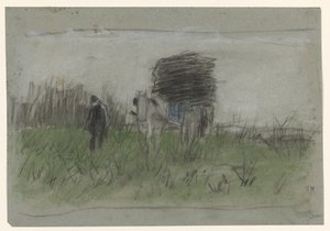 Homme avec cheval et chariot dans les dunes