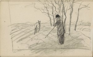 Homme debout avec un bâton et un animal dans un champ labouré - Anton Mauve