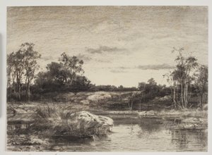 Paysage avec une rivière ou un lac au premier plan - Anton Melbye