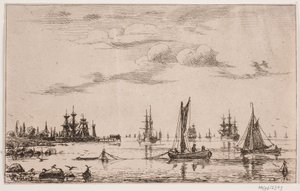 Bateaux et navires par temps calme près de la côte - Anton Melbye