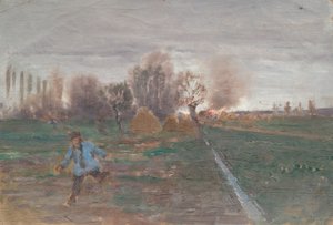 Paysage avec ferme en feu