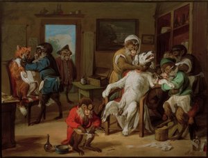 Salon de coiffure, singes rasant des chiens