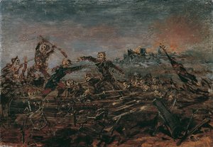 La danse de la mort sur le champ de bataille devant des ruines en flammes, 1882-1885
