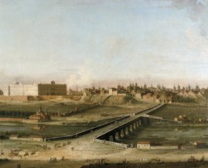 Vue de la ville de Madrid avec le Palais Royal vers 1750 depuis la rive droite de la rivière Manzanares (détail)