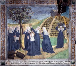 Vie de Sainte Françoise Romaine : la sainte entretenant la vigne avec les sœurs fait apparaître des raisins en janvier