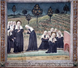 Vie de Sainte Francesca Romana : À son retour de la basilique Saint-Paul, la sainte fut prise en extase, dans un ruisseau mais se releva parfaitement sèche - Antoniazzo Romano
