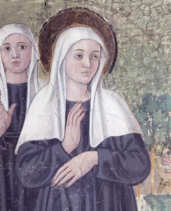 Vie de Sainte Francesca Romana : À son retour de la basilique Saint-Paul, la sainte fut prise en extase, dans un ruisseau mais se releva parfaitement sèche (détail)