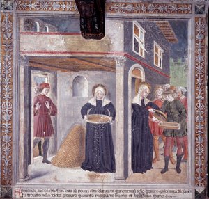 Vie de Sainte Francesca Romana : pendant une grave famine en 1402, Francesca donne tout son grain aux pauvres - Antoniazzo Romano