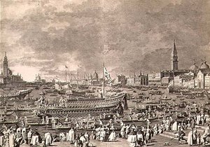 Le débarquement du Doge sur le Bucintoro pour le mariage avec la mer (gravé par Giovanni Battista Brustolon) - Antonio (after) Canaletto
