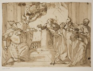Quatre doges et un homme en manteau avec le bonnet du doge dans ses mains, avec l