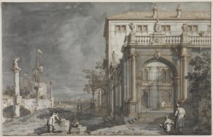 Capriccio : Un palais avec une cour par la lagune - Antonio Canaletto