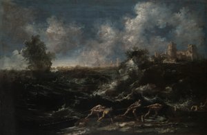 Paysage marin avec pêcheur tirant des filets