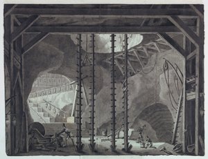 Décor de scène, hommes construisant un bâtiment dans une grotte - Antonio Giuseppe Basoli
