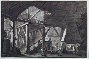 Décor de scène, intérieur de ferme en ruine