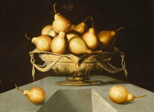 Poires dans un bol sur un socle en pierre
