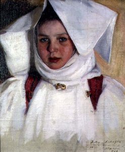 Fille en robe blanche et bonnet