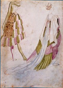 Un homme et une femme en habits de cour. Aquarelle, plume et lavis par Antonio di Puccio Pisano dit Pisanello (avant 1395-1455) 1450. Chantilly, Musée Condé - Antonio Pisanello