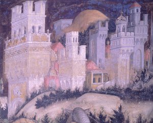 Saint Georges et la princesse, ville fortifiée, par Antonio Pisanello, fresque, Basilique de Sainte-Anastasie, Vérone