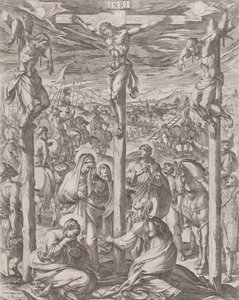 Le Christ crucifié entre les deux voleurs, les trois Marie au pied de la croix