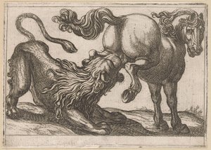 Un cheval piétinant un lion