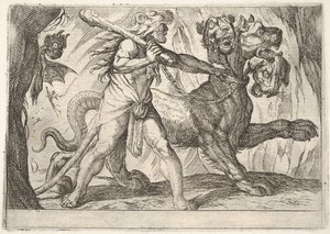 Hercule et Cerbère : Hercule saisit le collier de Cerbère, deux démons apparaissent à gauche..., 1608