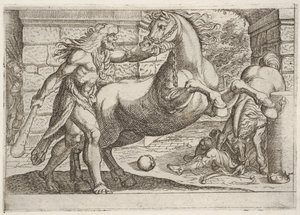 Hercule et les juments de Diomède : Hercule saisit la bride d