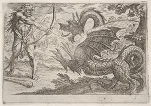 Hercule et le serpent Ladon : Hercule bande son arc, le serpent dressé apparaît en proie, 1608