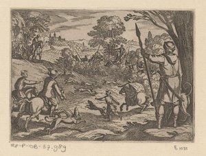 Chasse aux lapins avec des hommes chassant des lapins depuis les buissons (Primo libro di caccie varie)