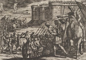 Planche 16: Captifs romains devant la vieille forteresse, de La Guerre des Romains contre les B..., 1611