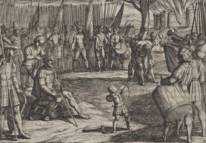 Planche 20 : Civilis se faisant couper les cheveux, de La Guerre des Romains contre les Bataves - Antonio Tempesta