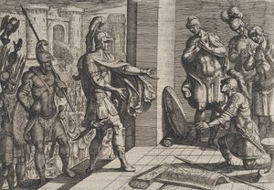 Planche 26 : Cerialis Pardonne et Soulage les Soldats Romains qui ont Aidé Civilis, de La Guerre..., 1611 - Antonio Tempesta