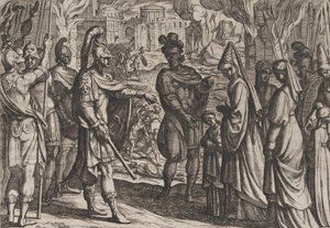 Planche 28 : Les troupes de Cologne amènent la femme et la sœur de Civilis à Cerialis, de La Guerre des R..., 1611 - Antonio Tempesta