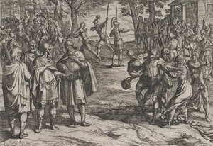 Planche 2 : Les Romains prenant des vieux Hollandais en otages et séduisant les jeunes, de La Guerre..., 1611 - Antonio Tempesta