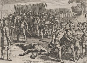 Planche 3 : Claudius Civilis arrêté et son frère Paulus décapité, de La Guerre des Ro..., 1611