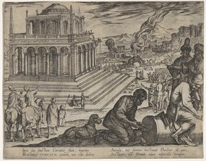 Planche 5 : Tombeau de Mausole, tailleurs de pierre fabriquant une colonne à droite, de Les Sept Merveilles - Antonio Tempesta