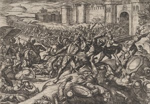 Planche 9 : Les Romains vaincus par les troupes néerlandaises à Bonna, de La Guerre des Romains contre... 1611