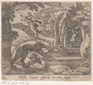 Thisbé fuit devant la lionne à la fontaine (Thisbe leaenae aspectu territa fugit) (Metamorphoseon sive transformationum) (Metamorfosen van Ovidius)